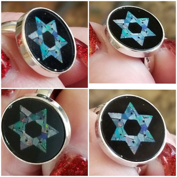 Mosiac Fire Opal in Black Onyx Star of David Ring - Picture 5 of 6